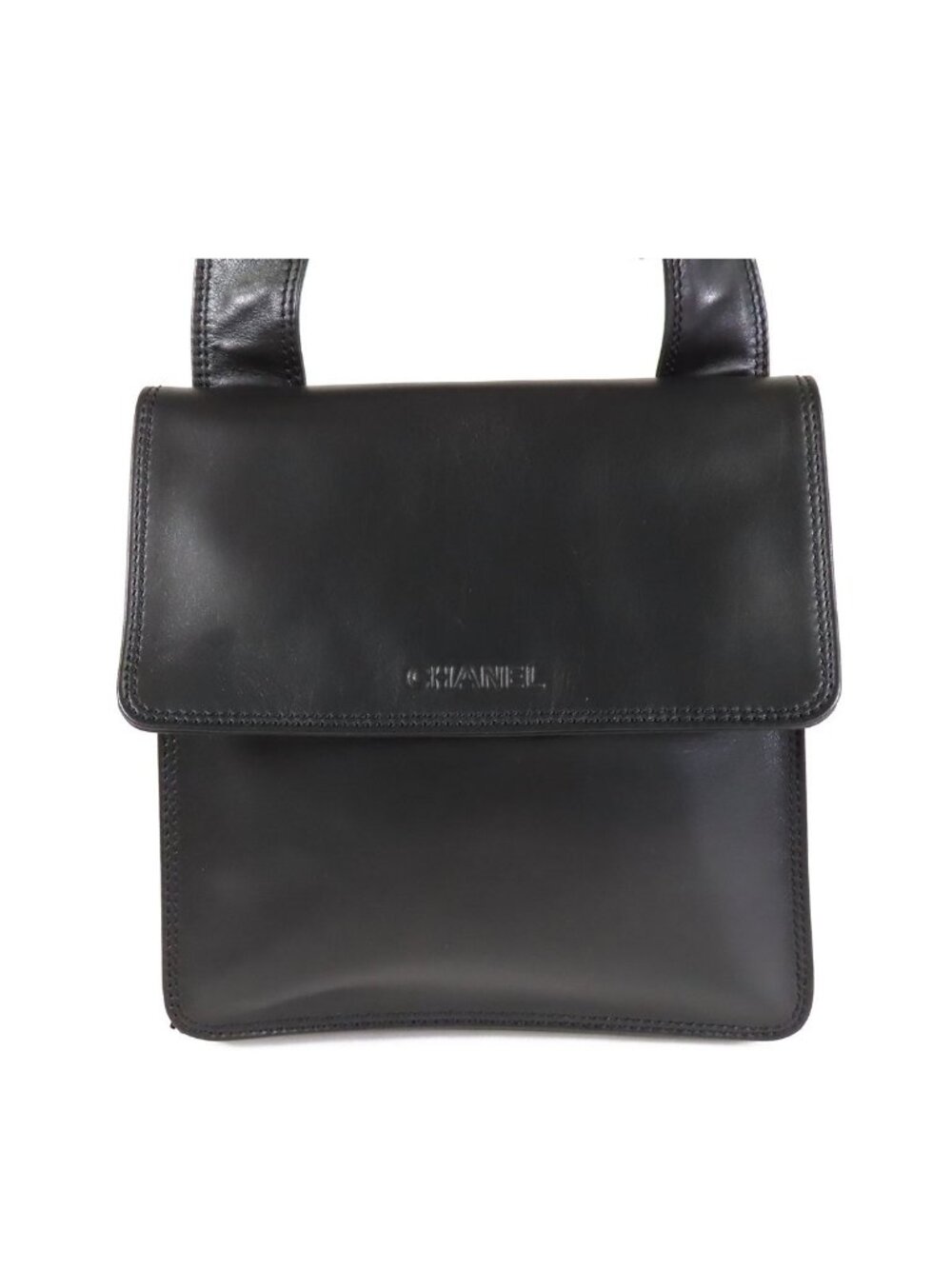 Chanel Square Shoulder Bag Black Leather Logo